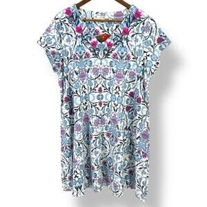 Go Softly Embroidered Jersey Knit Floral Tile Print Lounge Dress Sz S Full Zip